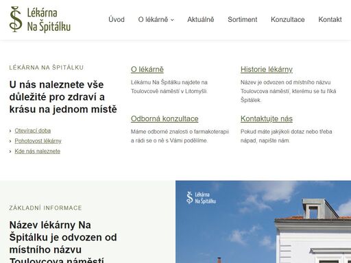 lékárnu na špitálku najdete na toulovcově náměstí v litomyšli. v budově se kromě lékárny nachází i naše prodejna zdravotnických potřeb, ke které se dostanete vchodem vpravo. jsme bezbariérová lékárna, takže není problém dostat se na vozíku nebo s kočárkem přímo do lékárny.