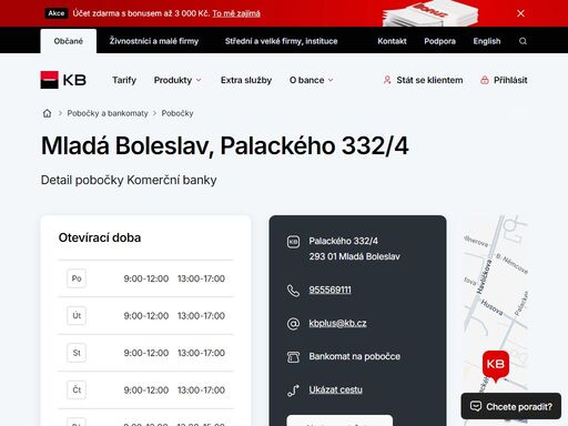 seznam a vyhledávání poboček a bankomatů komerční banky.