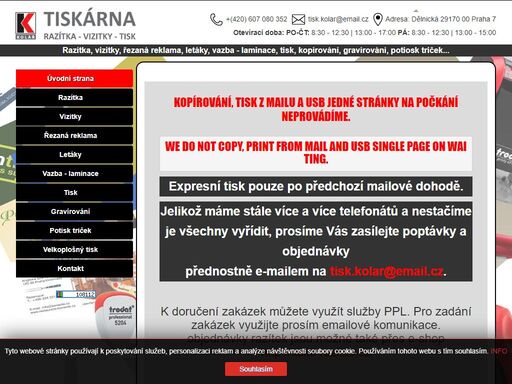 razítka,vizitky,řezaná reklama,letáky,vazba - laminace,kopírování,gravírování,potisk triček,vazba diplomek,velkoplošný tisk