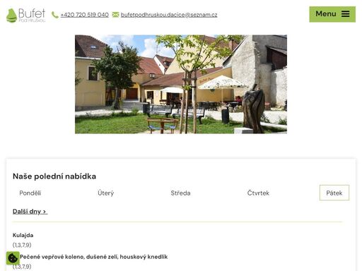 od pondělí do pátku 9:00 - 15:00 nabízíme obědy i další jídla. rádi připravíme i občerstvení pro vaši oslavu. objednávky na čísle 602 550 404.