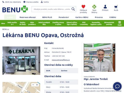 ?lékárna s bezbariérovým přístupem. zaměřuje se na zubní péči, dětský sortiment, geriatrickou péči a dermokosmetiku. možnost vyzvednutí zásilek z e-shopu benu.?