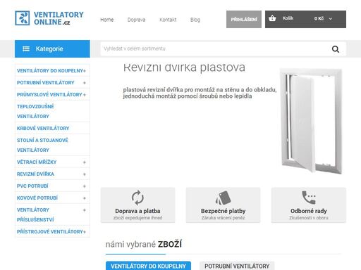 e-shop s podporou kamenné prodejny v libochovicích specializovaný na ventilátory, revizní dvířka, větrací mřížky a vzduchotechnické potrubí.