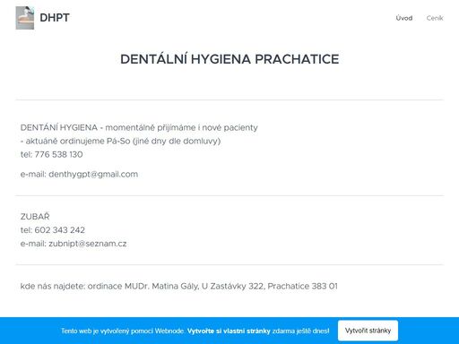 dentání hygiena - momentálně přijímáme i nové pacienty - aktuáně ordinujeme pá-so (jiné dny dle domluvy)tel: 776 538 130 e-mail: denthygpt@gmail.com