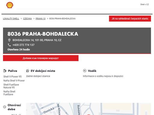 8036 praha-bohdalecka je čerpací stanice v oblasti praha 10. tato stanice zahrnuje prodejna, myčka a toalety.