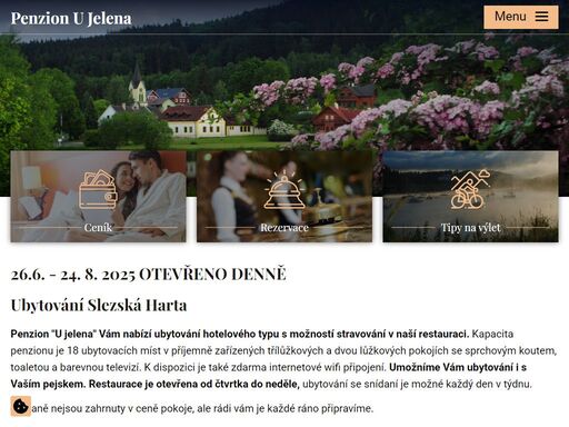 penzion u jelena slezská harta okres bruntál vám nabízí 18 ubytovacích míst v  moderně zařízených třílůžkových a dvou lůžkových pokojích se sprchovým koutem, toaletou a barevnou televizí. umožníme vám ubytování i s vaším pejskem.
