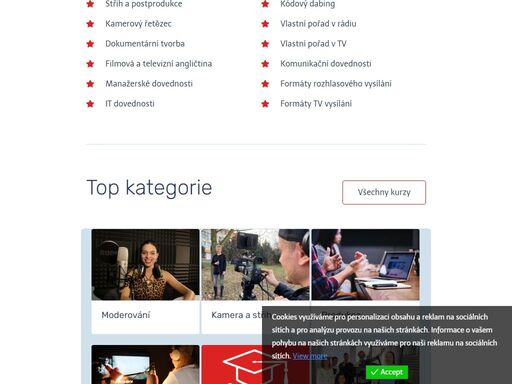 rekvalifikační a vzdělávací kurzy moderování, kamery a produkce, kurzy dabingu, herectví a rétoriky, akreditované kurzy mšmt.