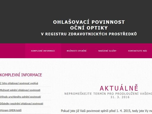 informace o oznamovací povinnosti očních optik podle zákona o zdravotnických prostředcích