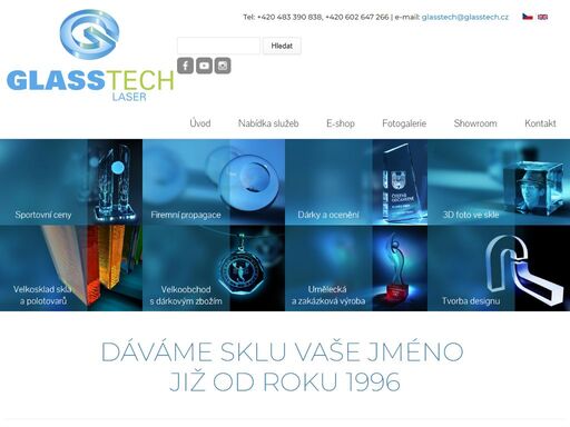 3d/2d vnitřní laser do skla, velkosklad bloků a tyčí z optické skloviny - trofeje, sportovní ceny, medaile, dárky ze skla. velkoobchod dárkových předmětů ze skla, zakázková výroba, 3d fotografie do skla s převodem z běžných snímků, tvorba zákaznického 3d designu, 3d skenování, potisk skla.