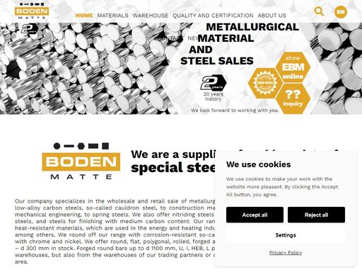 sales of metallurgical materials. steels for mechanical engineering - stainless, nitriding, strength and heat-resistant - boden.cz