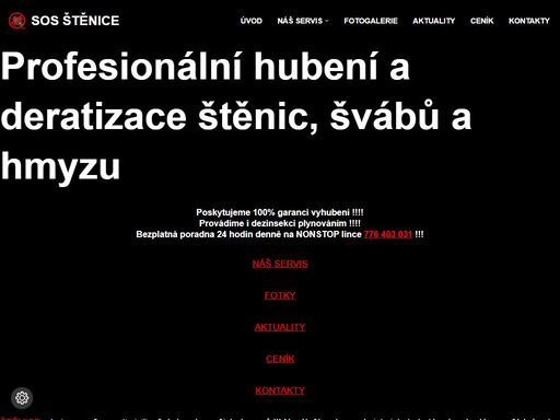 profesionální hubení a deratizace štěnic, švábů a hmyzu poskytujeme 100% garanci vyhubení !!!! provádíme i dezinsekci plynováním !!!! bezplatná poradna 24 hodin denně na nonstop lince 776 403 031 !!! náš servis fotky aktuality ceník kontakty štěnice - to je v současnosti civilizační choroba našich domovů !!! nezáleží na tom, zda jste jste bohatý nebo