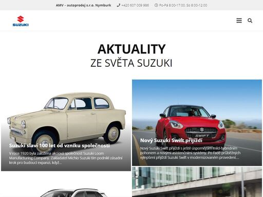 všechny modely vozidel suzuki na ploše autosalonu, předváděcí jízdy, financování vozidel, kompletní servisní služby, prodej autodílů a doplňků.