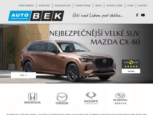 auto bek / autocentrum bek – prodej a servis mazda, ssangyong a honda. autorizovaný servis subaru. najdete nás v ústí nad labem – a to přímo pod mariánskou skálou. samozřejmostí jsou kompletní poprodejní služby včetně nabídky ojetých vozů, výkup protiúčtem a poradíme vám i s výběrem financování a pojištění. prodejem vozu to u nás nekončí.