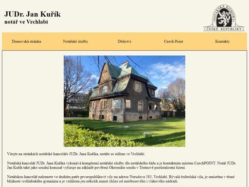 webové stránky notářské kanceláře judr. jana kuříka ve vrchlabí obsahující kontaky a nabízené služby.