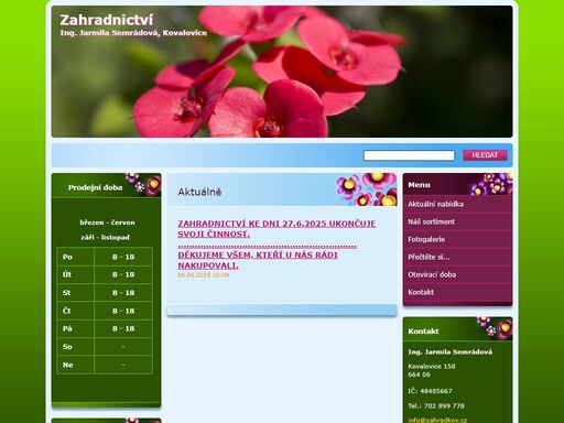 úvodní stránka zahradnictví v kovalovicích, prodejní doba zahradnictví, telefon na objednávky.