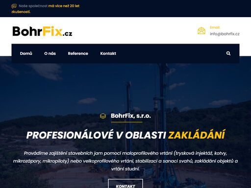 maloprofilové vrtání (trysková injektáž, kotvy, mikrozápory, mikropiloty), velkoprofilové vrtání, stabilizace a sanace svahů, zakládání objektů a vrtání studní