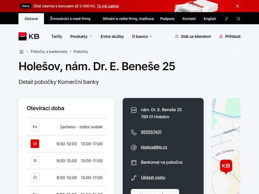 seznam a vyhledávání poboček a bankomatů komerční banky.