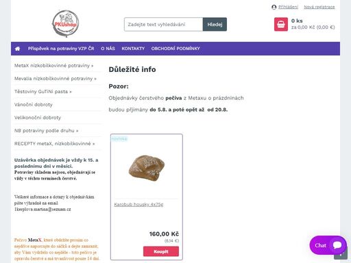 kompletní sortiment nízkobílkovinných potravin od firmy metax! potraviny pro osoby s onemocněním fenylketonurie (pku) a jinými dmp. nabízíme čokoládu,nb mouku, těstoviny, náhražku vejce, náhražku masa, grilovací klobásky, krupici, směsi na muffiny...