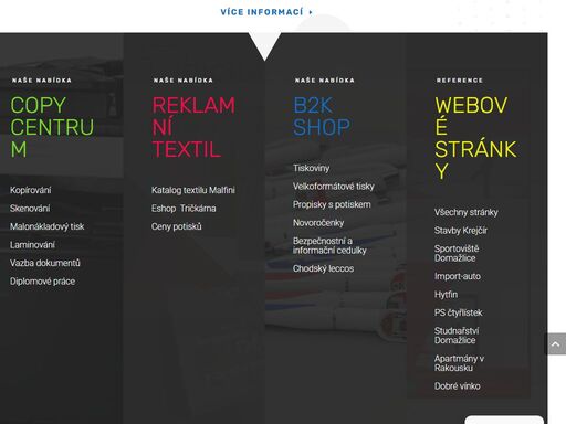 jsme grafické a reklamní studio, ofsetová a digitální tiskárna, tvoříme webové stránky a eshopy, spravujeme facebook a google profily, poradíme vám s online marketingem a vydáváme inzertní noviny. zabýváme se prodejem a potiskem textilu a reklamních předmětů. vyrábíme razítka do 24 hodin.