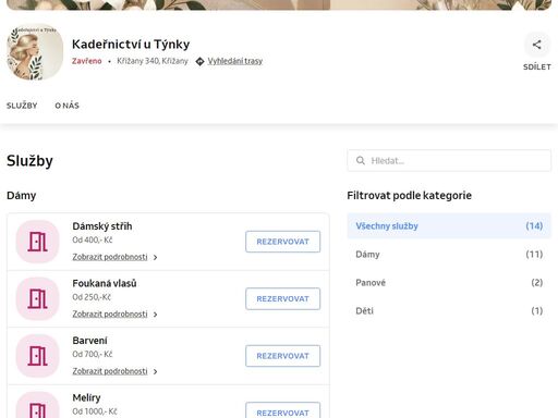 vítám vás v kadeřnictví u týnky, kde se vaše vlasy dostanou do rukou zkušené kadeřnice s vášní pro moderní i tradiční účesy. nabízím kompletní kadeřnické služby pro ženy, muže i děti, včetně střihů, barvení, melírů, stylingu a péče o vlasy. zakládám si na individuálním přístupu, kvalitní kosmetice a příjemném prostředí, ve kterém si můžete odpočinout. ať už potřebujete nový styl, oživit barvu nebo jen lehký osvěžující střih, u mě se budete cítit jako doma. objednejte se ještě dnes a dopřejte si dokonalou péči o své vlasy!