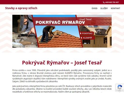 chcete novou střechu? nebo jen zvažujete rekonstrukci? pak jste na našich stránkách správně. jan tesař vám nabízí své pracovní dovednosti pokrývače i klempíře. provozovna se nachází v rýmařově, ale působíme po celé republice, nejvíce však v okolí rýmařova a bruntálu.