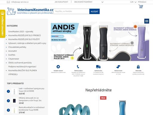 produkty pro péči o srst a kůži psů, koček a dalších mazlíčků. široký výběr hřebenů a kartáčů, stříhací strojky, nůžky a profesionální vybavení pro salony, jako jsou stoly, vany, foukače a fény..