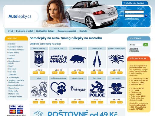 samolepky na auto a motorku vyrábíme ve 40 barvách. tuning nálepky na auto a polepy expedujeme do 3 pracovních dnů. tisíce motivů samolepek, poštovné od 39 kč.