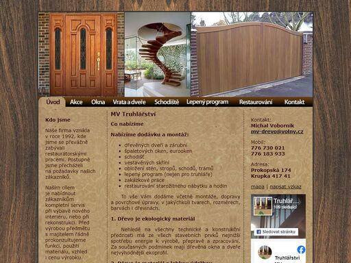 zakázkové truhlářství, ústí nad labem, truhlářství ústí nad labem, okna ústí nad labem, dvěře mv truhlářství
co nabízíme
nabízíme dodávku a montáž:
dřevěných dveří a zárubní
špaletových oken, eurooken
schodišť
vestavěných skříní
obložení stěn, stropů, schodů, trámů
lepený program ( nejen pro truhláře).
zakázkové práce
restaurování starožitného nábytku a hodin
to vše vám dodáme včetně montáže, dopravy a povrchové úpravy, v jakýchkoli tvarech, rozměrech, barvách i dřevinách.
dřevo je ekologický materiál
nehledě na všechny technické a konstrukční přednosti má ze všech stavebních prvků nejnižší spotřebu energie k výrobě, přepravě a zpracování. za současných podmínek mají dřevěná okna a dveře nejvýhodnější ekoprofil.
dřevo je materiál s lehkou údržbou
pro nátěry jsou používány vodou ředitelné akrylátové barvy nebo vodní lazury, které v porovnání s běžnými lazurami mají podíl rozpouštědel jen 3-6% a mají dlouhou stálobarevnost a pevnost. oproti tomu oplastovaná okna na sebe váží díky svým elektrostatickým vlastnostem nečistoty z ovzduší v takové míře, že se pomocí deště samy nečistí.
dřevo je velmi dobrý tepelný materiál
největší vliv na tepelnou izolaci mají transmisní tepelná a větrací potřeba. hodnota transmisní tepelné potřeby je vyjádřena u-hodnotou. u-hodnota dřeva je 1,3w/m2k. u jednoho a vícekomorových plastový profilů byla naměřena u-hodnota 1,6-2,3 w/m2k. tyto dobré tepelně-izolační hodnoty dřeva zamezují i vyzařování chladu okenních rámů a tím i vzniku orosení. další výhodou je, že profily ze dřeva tlumí hluk mnohem lépe než profily plastové.
dřevo při požáru
není téměř známo, že při plně rozvinutém požáru se chová dřevo jako požární zábrana. díky své velmi nízké tepelné vodivosti (0,14 w/m2k), probíhá tepelná vodivost ve dřevě 400x pomaleji než v případě kovu a 1400x pomaleji než u hliníku. při požáru dřeva nedochází k vypouštění jedovatých látek. plasty mimo dusivých látek vypouštějí při požáru i látky jedovaté.
shrnutí
opravy u dřevěných oken se provádějí bezproblémově. při termickém zatížení v létě nedochází k deformaci materiálu díky profilu lepenému ze třívrstvých či čtyřvrstvých lamel. příjemné teplo dřevěného povrchu působí v místnosti útulně. spolu se speciálními zasklívacími systémy, těsněním a prvotřídní povrchovou technikou a kováním mohou dnes moderní dřevěná okna plnit funkci více než 80 let. plastová okna mohou mít mnohé přednosti, dřevo má však tu přednost, že není z plastu