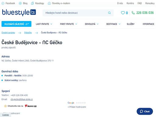 navštivte nás na pobočce české budějovice - nc géčko nebo si vyberte zájezd na webových stránkách. poleťte s ck blue style za sluníčkem. pomůžeme vám s výběrem.