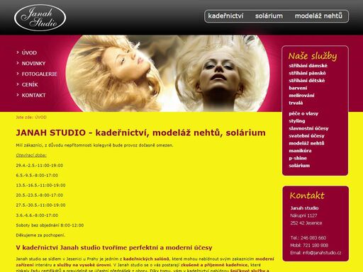 kadeřnictví janah studio v jesenici poskytuje komplexní kadeřnické služby. děláme nehtovou modeláž, provozujeme solárium.