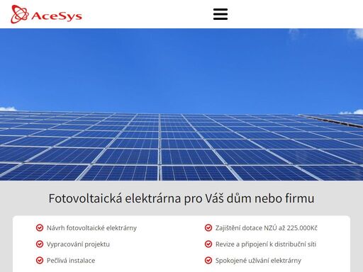 navrhneme a zrealizujeme fotovoltatickou elektrárnu pro váš dům nebo firmu. vyřídíme veškerou administrativu od projektu, přes revizi až po jednání s distributorem, případně vyřízení dotace nzú. nejběžnější komponenty máme skladem.