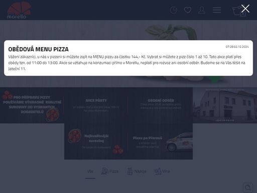 oblíbená pizzerie v přerově i s rozvozem. lahodná pizza z čerstvých surovin od lokálních dodavatelů. rozvoz pizzy přerov a okolí. kup 4 pizzy a dostaneš slevu 100 kč!  k vámi vybrané pizze si u nás můžete zakoupit kvalitní bílá, růžová a červená vína známá pod tradiční bulharskou značkou medvědí krev. objednávejte online z našeho webového e-shopu nebo mobilní aplikace a sbírejte věrnostní body! těšíme se na vás. morello pizza.