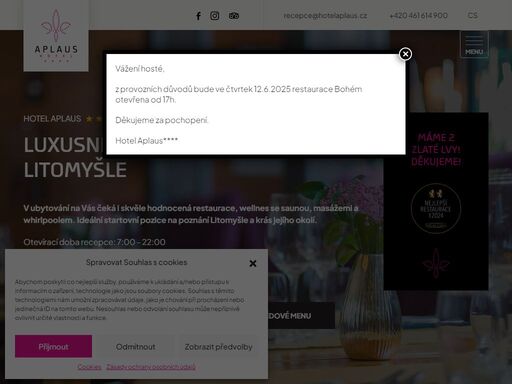 v ubytovaní na vás čeká i skvěle hodnocená restaurace, wellnes se saunou, masážemi a whirlpoolem. idelání startovní pozice na poznání litomyšle a krás jejího okolí.