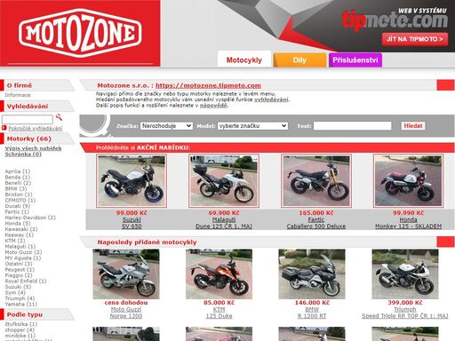 tipmoto.com zprostředkovává prodej motorek a čtyřkolek od motofirem tisícovkám zákazníků z celé republiky. motobazar obsahuje všechny informace o prodávaných strojích i fotky motorek.