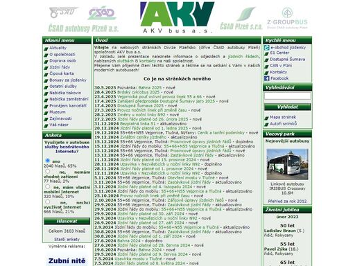 stránky společnosti akv bus a.s., divize plzeňsko (dříve čsad autobusy plzeň a.s.), která provozuje veřejnou linkovou dopravu autobusy v plzeňském kraji