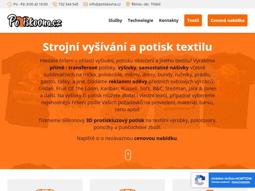 hledáte řešení v oblasti vyšívání a potisku oblečení? provádíme potisk a výšivky na od jednoho kusu na trička, mikiny, dresy, polokošile, bundy a jiné textilní výrobky. provozujeme strojní vyšívání, sítotisk, termotransfer, přímý digitální potisk i sublimaci.