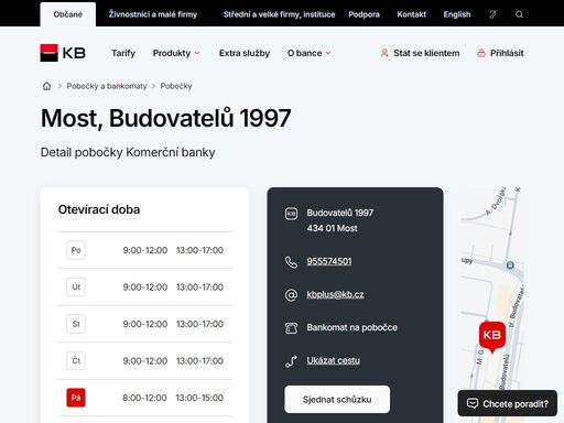 seznam a vyhledávání poboček a bankomatů komerční banky.