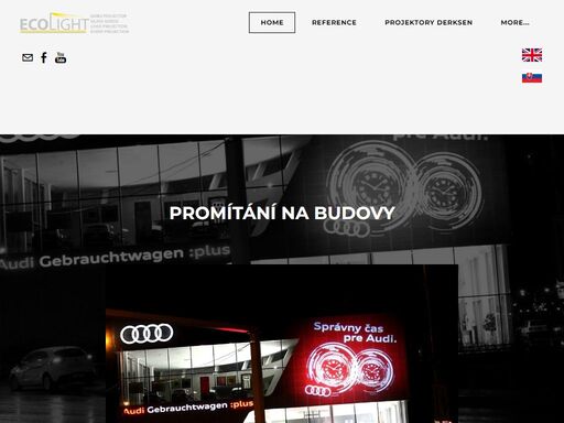 projektory pro promítání loga na chodníky, světelné podlahové značení, pronájem vánoční projekce na fasádu, velkoplošná projekce, světelné šablony pro výrobní podniky, expozice pro muzea a galerie.