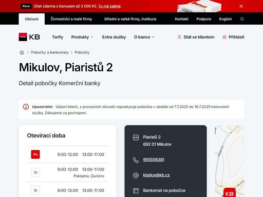 seznam a vyhledávání poboček a bankomatů komerční banky.