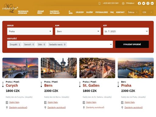 nobless line provozuje spojení luxusními autobusy do švýcarska. cestování na trasách praha - bern, praha - curych nebo praha - st.gallen nikdy nebyla příjemnější.
