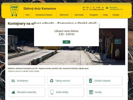 stránky sběrného dvora kamenice  - nabízíme uložení odpadů, výkup kovů a jiných surovin, kontejnery na odpad včetně dopravy