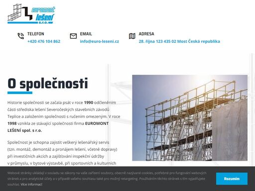 lešenářský servis (tzn. montáž, demontáž a pronájem lešení, včetně dopravy) při investičních akcích a zajišťování inspekční údržby.