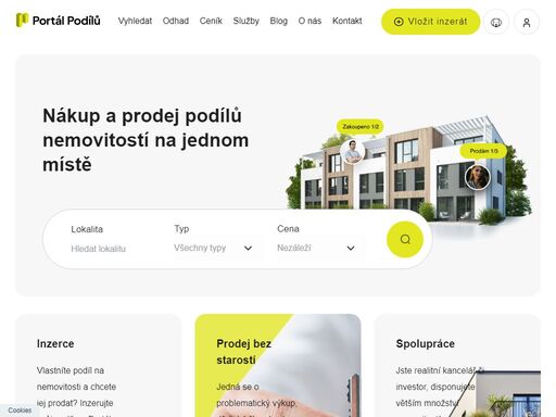 platforma přinášející možnost nabídnout podíl k prodeji tou nejběžnější známou cestou. jedinečný inzertní portál zabývající se nabídkou nemovitostí v podílovém spoluvlastnictví.