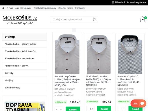 košile, pánská košile, pánské košile, košile s krátkým rukávem, košile s dlouhým rukávem, nadměrné velikosti, košile v nadměrné velikosti, košile a kravaty, kravata, kravaty, pánské košile - internetový obchod mojekosile.cz je specialista na pánské košile. poštovné zdarma. vše skladem připravené k okamžitému odeslání. široká nabídka pánských košil v běžných i nadměrných velikostech.