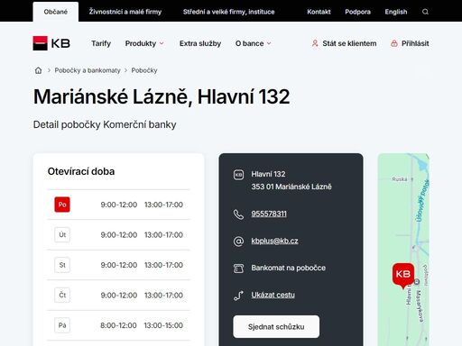 seznam a vyhledávání poboček a bankomatů komerční banky.