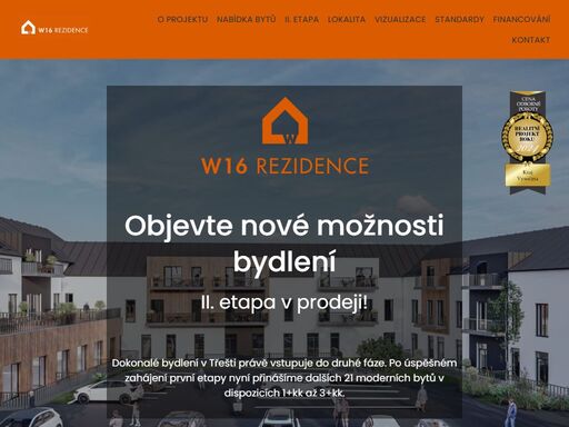 rezidence w16 nabízí bezpečné a klidné bydlení v příjemné lokalitě jen 20 min. od jihlavy. celý komplex je navržen jako nízkoenergetický. zájemci mohou vybírat z dispozic 1+kk o velikosti 29 m2 až po byty 3+kk s plochou 97 m2. téměř ke každému bytu je k dispozici sklepní kóje a parkovací stání. 