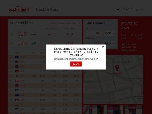 česká směnárna v centru prahy - praha 1, žatecká 8 - aktuální kurzovní lístek - směnárna exchange 8