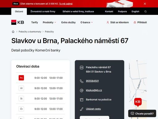 seznam a vyhledávání poboček a bankomatů komerční banky.