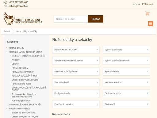 nože, ocílky a sekáčky, koření pro vaření