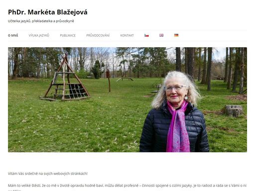 dobrý den, vítám vás srdečně na svých webových stránkách! jazyky jsem vystudovala na filosofické fakultě univerzity karlovy v praze (rigorózní zkouška v r. 1982). absolvovala jsem řadu studijních pobytů v zahraničí. mám více než 30 let praxe v různých oborech spojených s jazyky: výukou němčiny, angličtiny, průvodcováním, tlumočením aj. učila jsem či učím na různých