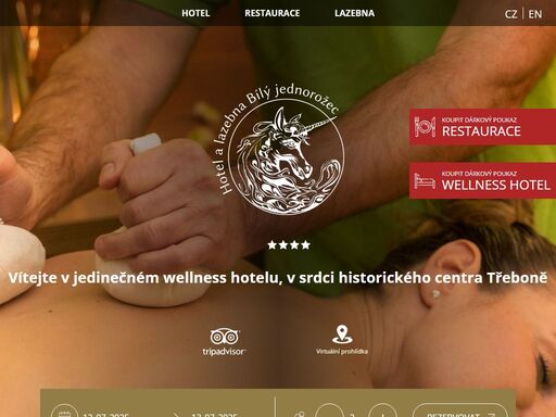 komfortní ubytování třeboň wellness hotel bílý jednorožec v centru města, nabízí klimatizované apartmány a komfortní pokoje. k dispozici wellness, sauna, masáže. v přízemí hotelu vyhlášená restaurace.